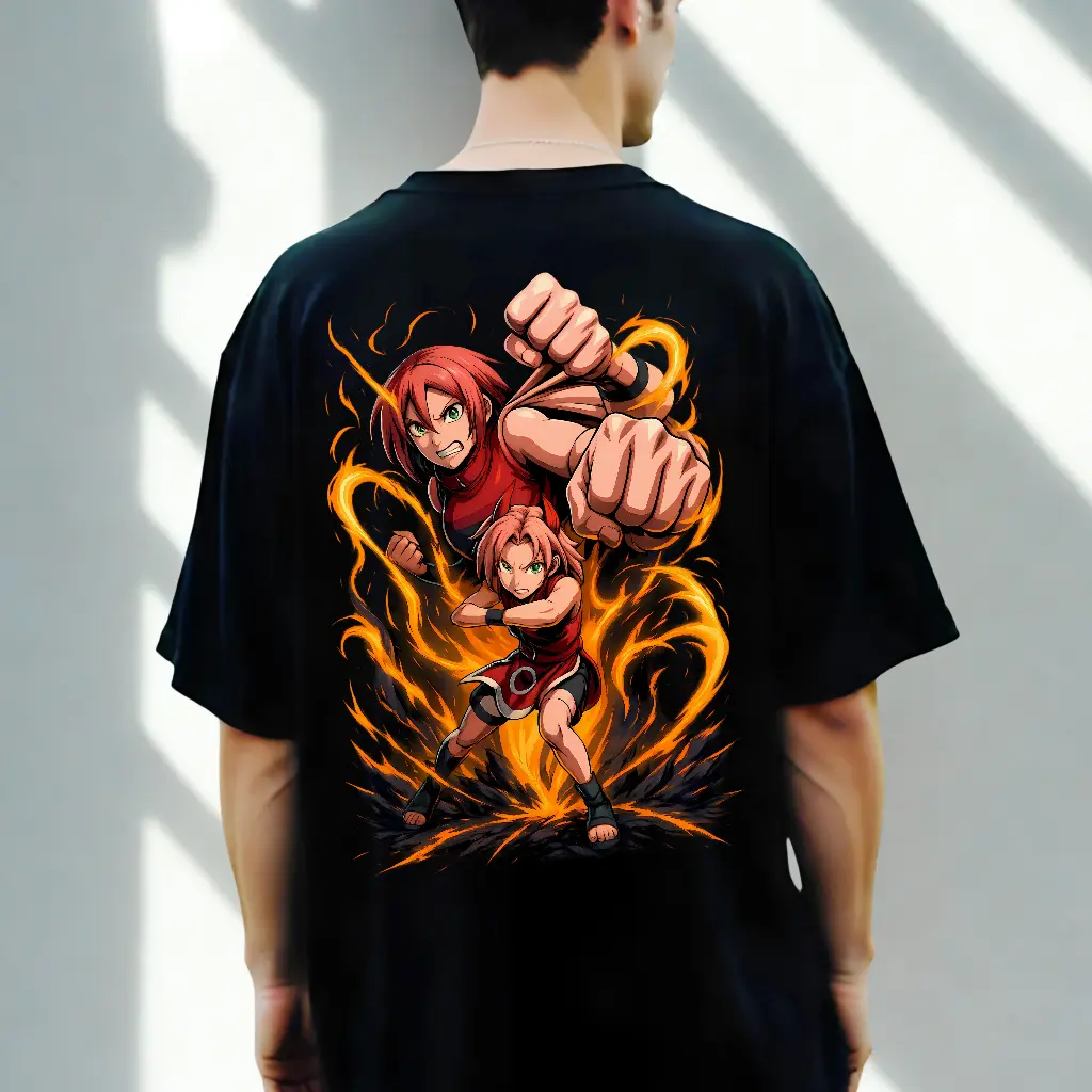Flame Fist Warrior – Anime-Inspired Premium Oversized T-Shirt