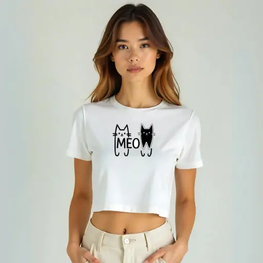 Crop Top – Cute Cat “MEOW” Graphic Tee for Women